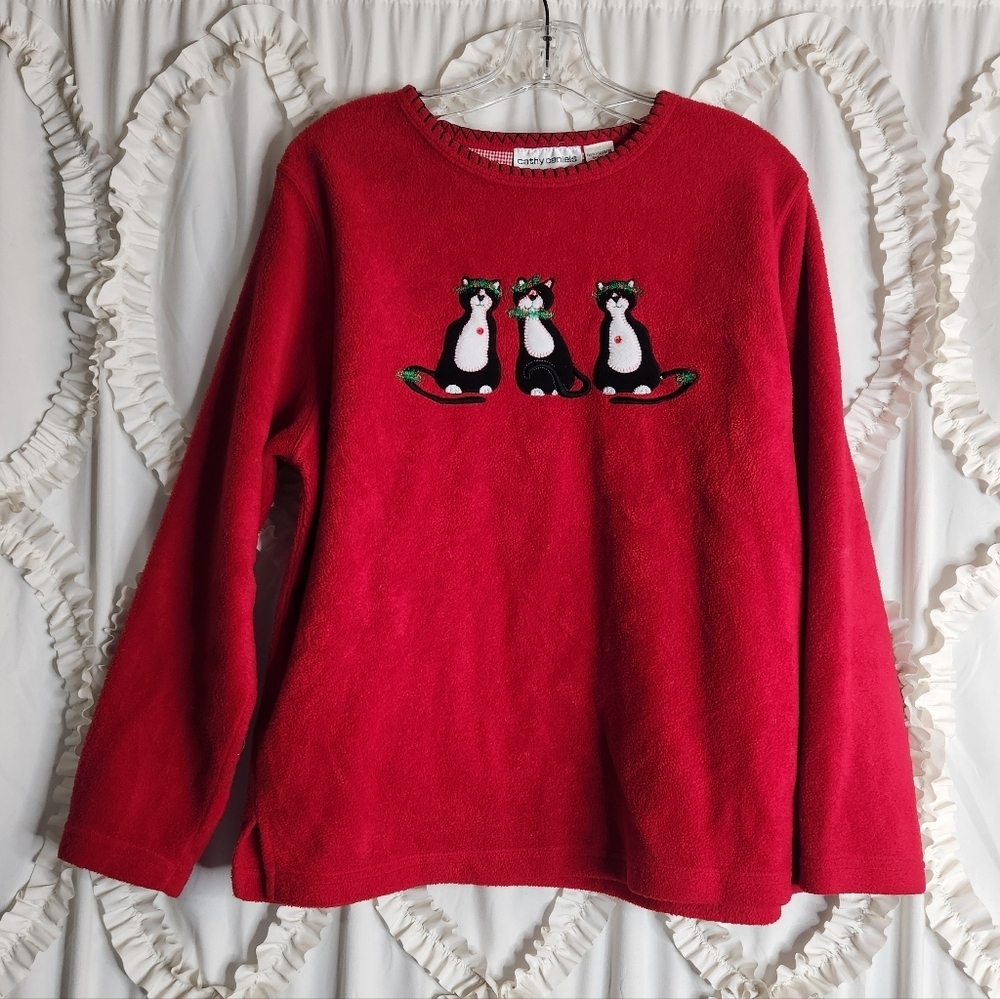 Vintage Womens Cat Mouse Xmas Long Sleeve Fleece Sweater size Large